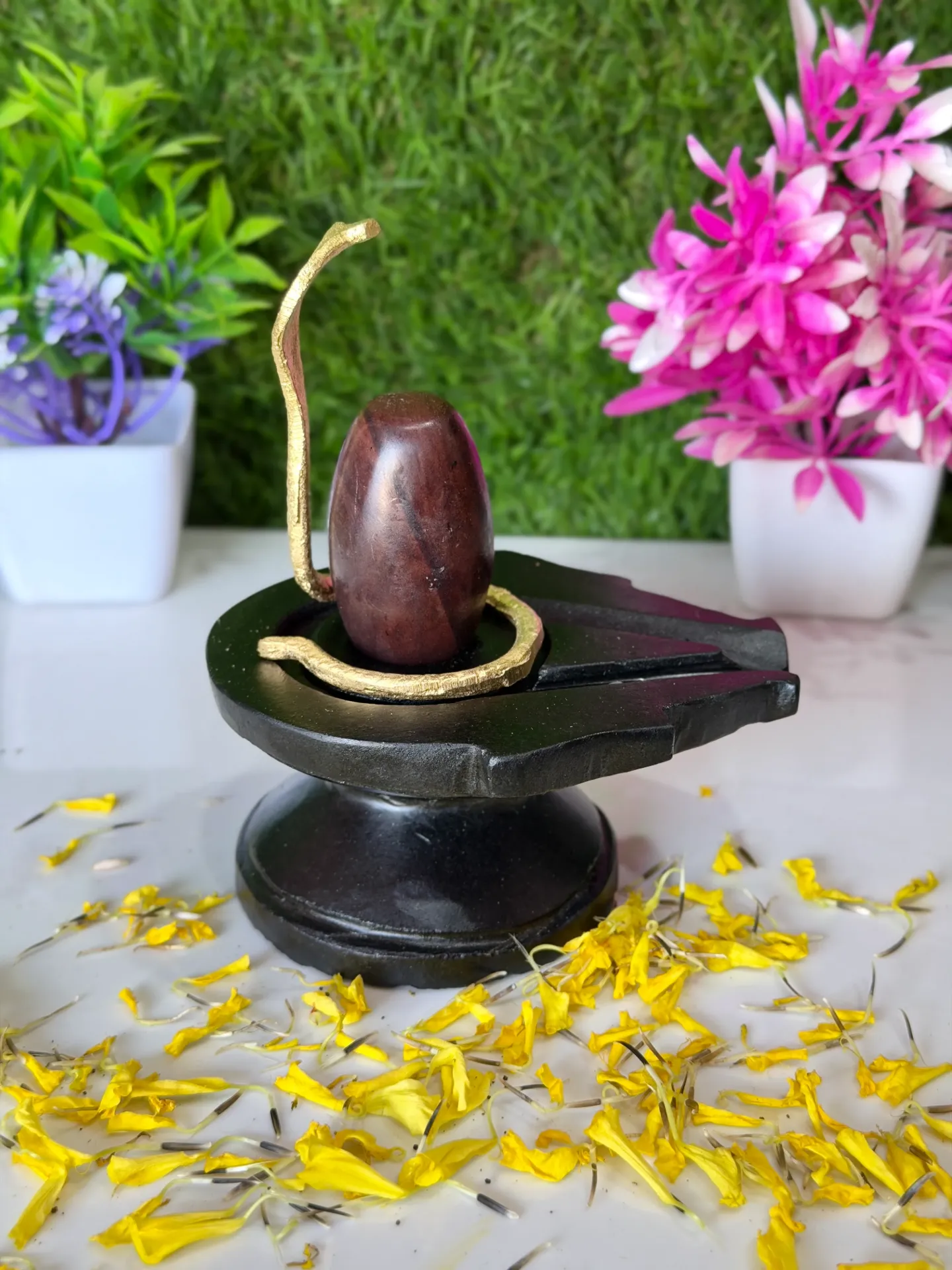 2 Inch Thumb size Narmadeshwar Shivling with 4 Inch Long Damru Jaladhari and nag ( Swayambhu )