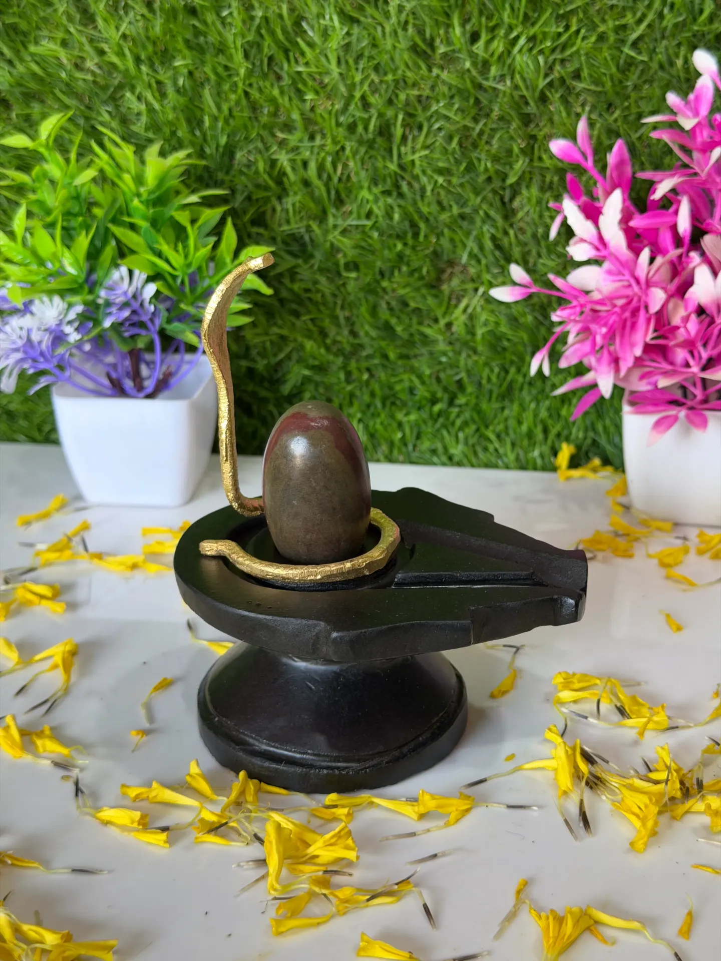 Neelkanth Shivling with Kumkum Mala, Original Narmadeshwar Shivling, Original Narmada Stone Lingam for Shiva Devotees and Religious Worship, 2 Inch (Thumb Size)